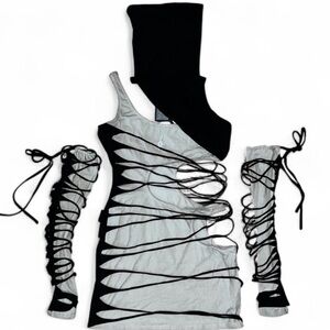 NWT Darker Wavs Large Grey & Black Shredded Cutout Dress & Gloves Set